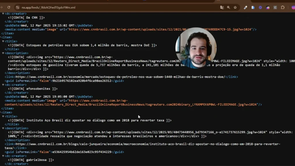 Exemplo de feed RSS com atualizações de notícias