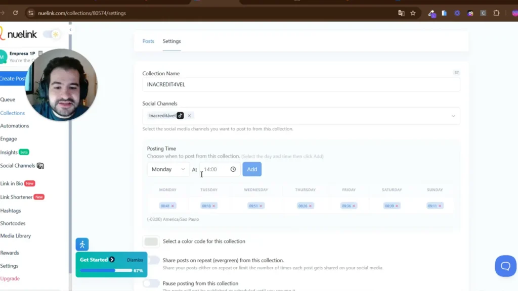 Exemplo de configuração de postagens nas redes sociais