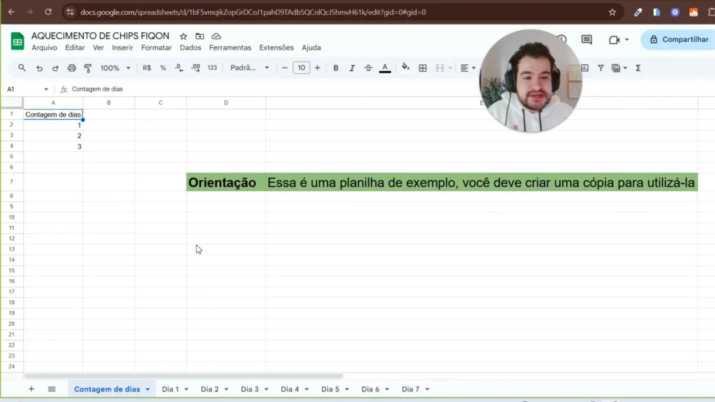 Planilha de controle para aquecimento de chip com abas de dias