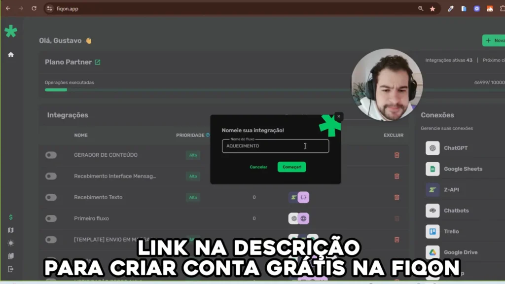 Tela da plataforma FiqOn mostrando a criação de nova integração