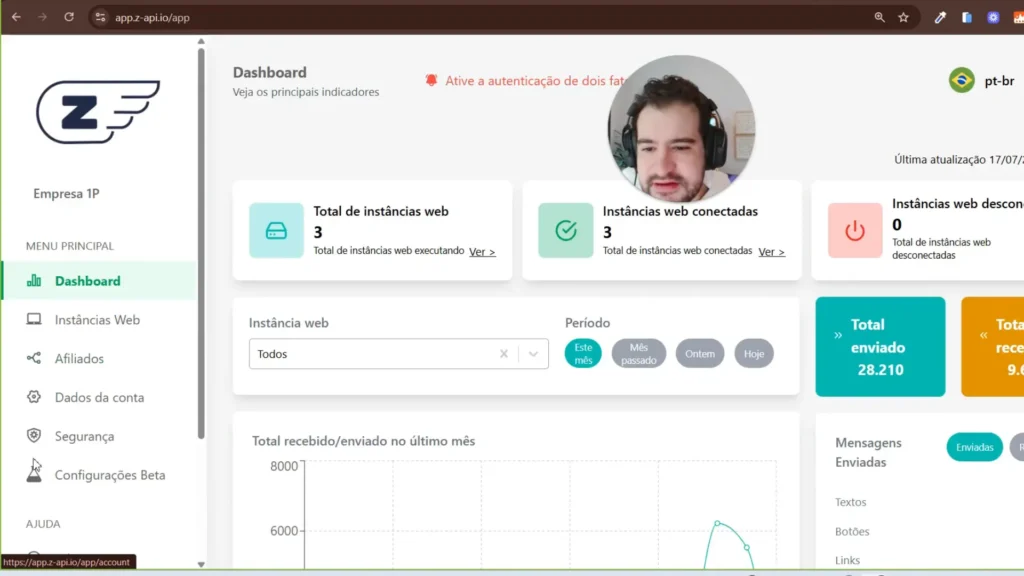 Tela da instância web da API WhatsApp com tokens e conexões
