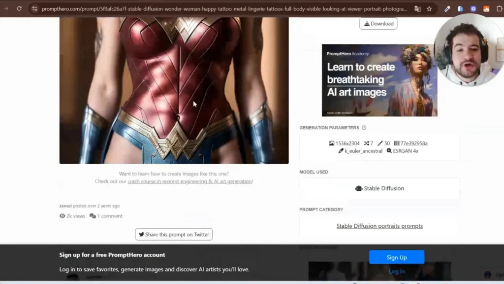 Exemplo de imagem e prompt no PromptHero