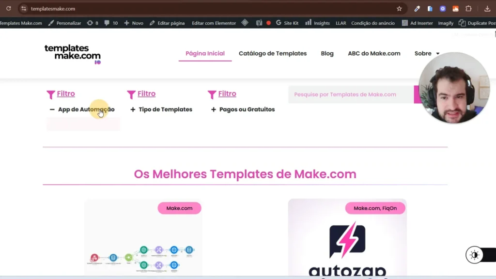 Interface do site templatesmake.com mostrando filtros para busca de templates