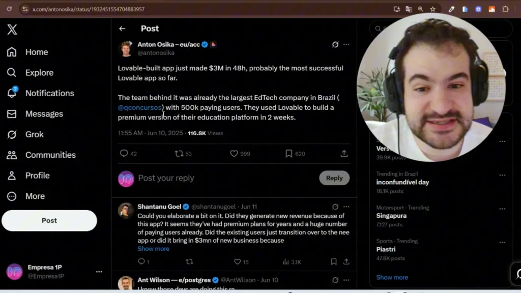 Tweet do CEO destacando case de sucesso com lovable
