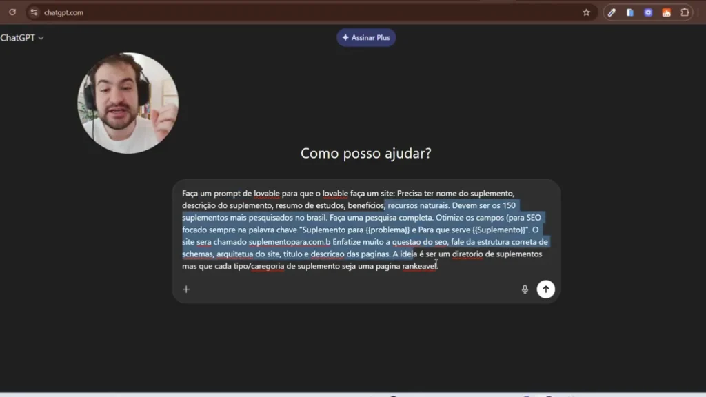 Exemplo de pré-prompt gerado no chatGPT antes de enviar para o lovable