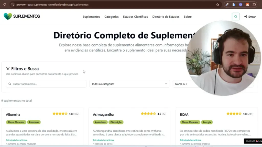 Preview do projeto de suplementos com análise de estudos científicos