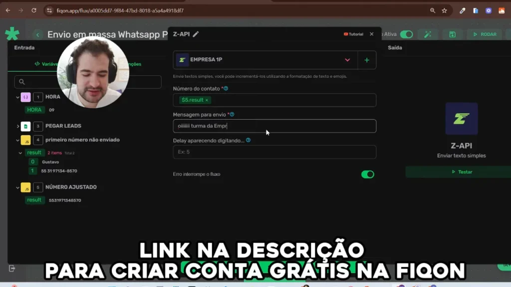 Configuração do envio: mensagem e número ajustado