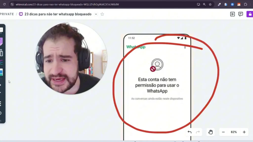 Tela do WhatsApp com mensagem 'Esta conta n&atilde;o tem permiss&atilde;o para usar o WhatsApp' destacada por c&iacute;rculo vermelho.