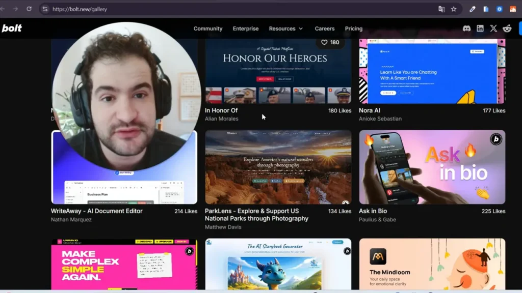 P&aacute;gina da galeria Bolt com miniaturas de projetos, t&iacute;tulos e contagem de likes vis&iacute;veis