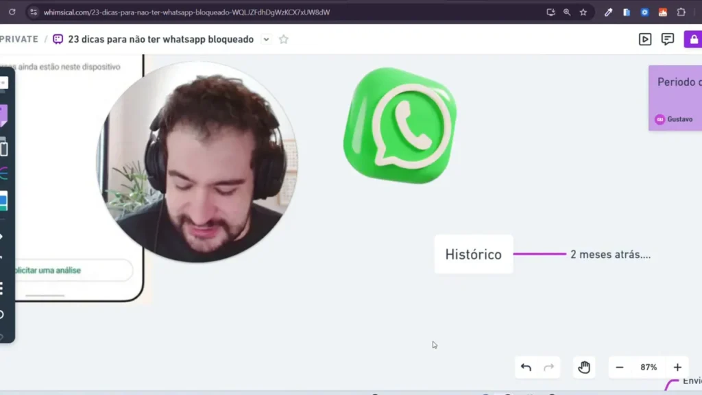 Slide do v&iacute;deo com &iacute;cone do WhatsApp e caixa 'Hist&oacute;rico', apresentador fora do foco