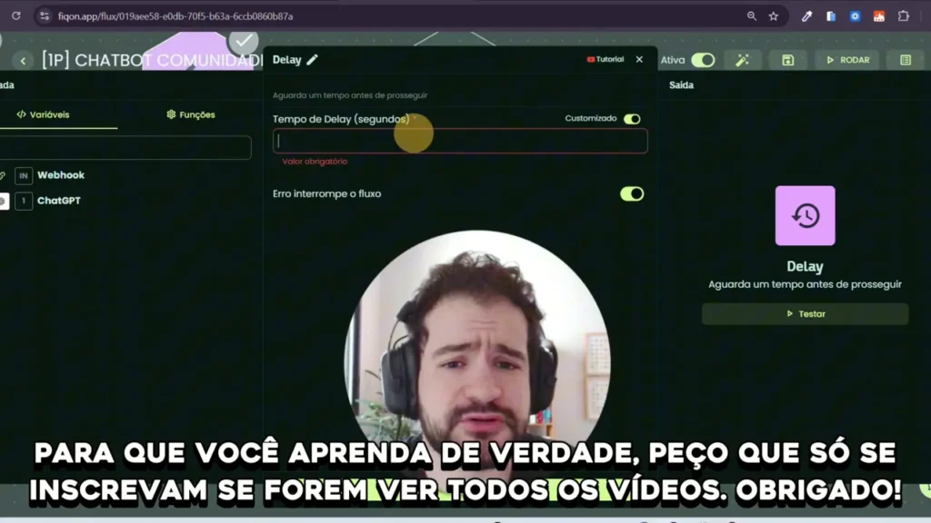 Tela de configura&ccedil;&atilde;o do Delay mostrando o campo 'Tempo de Delay (segundos)' e op&ccedil;&otilde;es de ativa&ccedil;&atilde;o.