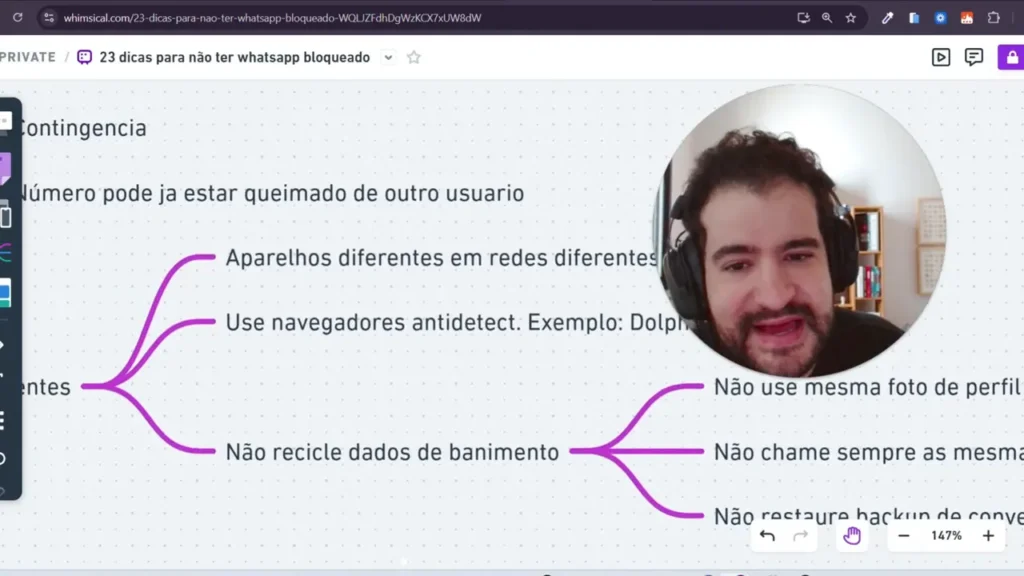 Mapa mental n&iacute;tido com as instru&ccedil;&otilde;es 'Aparelhos diferentes em redes diferentes' e 'Use navegadores antidetect. Exemplo: Dolphin'