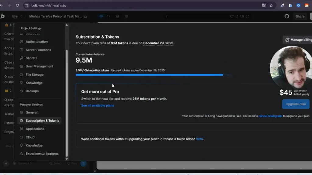 P&aacute;gina do Bolt mostrando Subscription & Tokens com 'Current token balance 9.5M' e barra de uso azul, sem marca&ccedil;&otilde;es ou distra&ccedil;&otilde;es.