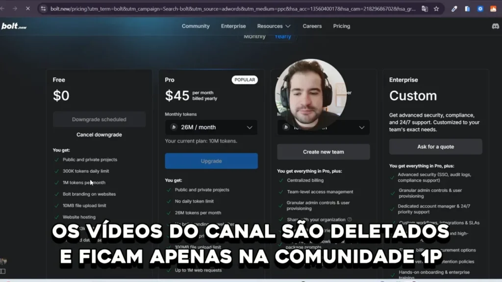 Tela da p&aacute;gina de pre&ccedil;os do Bolt com colunas Free, Pro ($45) e Enterprise e indica&ccedil;&atilde;o de '26M / month' de tokens