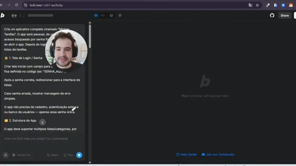 Interface do Bolt mostrando o plano de tarefas no painel esquerdo e &aacute;rea de preview vazia
