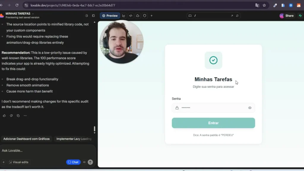 Tela de login do app Minhas Tarefas com campo de senha e bot&atilde;o Entrar no preview do lovable.