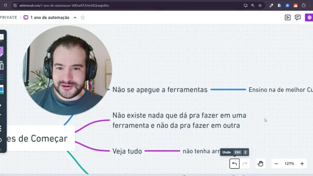 Captura nítida de um mindmap mostrando 'Não se apegue a ferramentas' ao lado de uma miniatura do apresentador