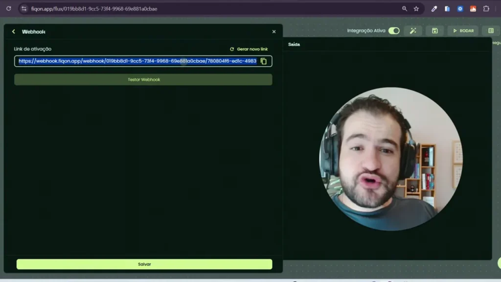 Interface do integrador Fiqon com campo exibindo a URL do webhook e botão 'Testar Webhook'.