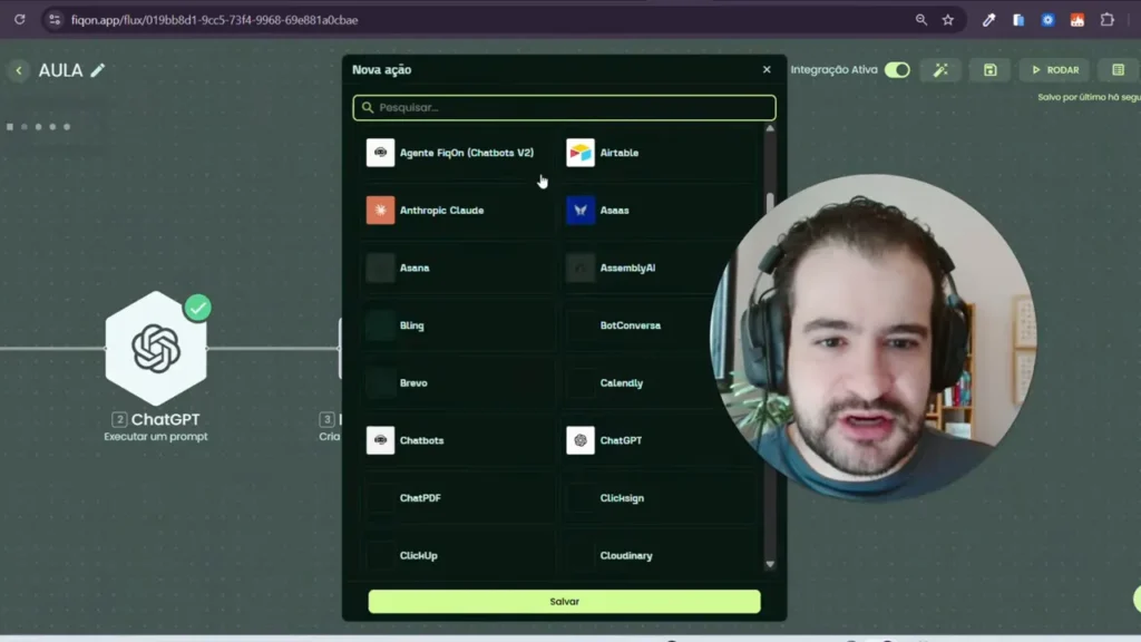 Janela de seleção 'Nova ação' no integrador com lista de integrações, destacando o item ChatGPT, ao lado do fluxo.