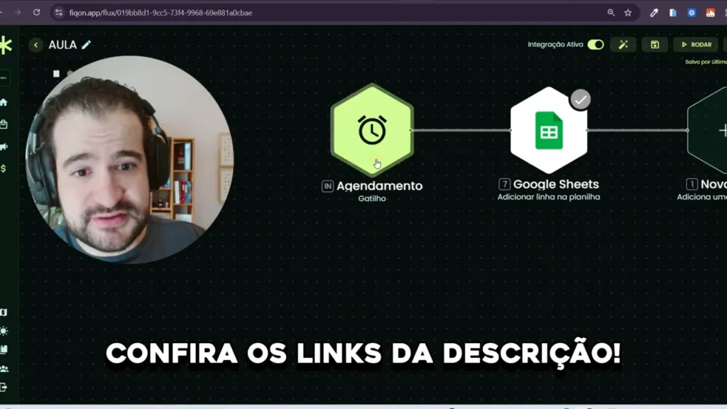Editor do Fiqon mostrando o nó 'Agendamento' conectado a 'Google Sheets', interface nítida para ilustrar mapeamento de variáveis