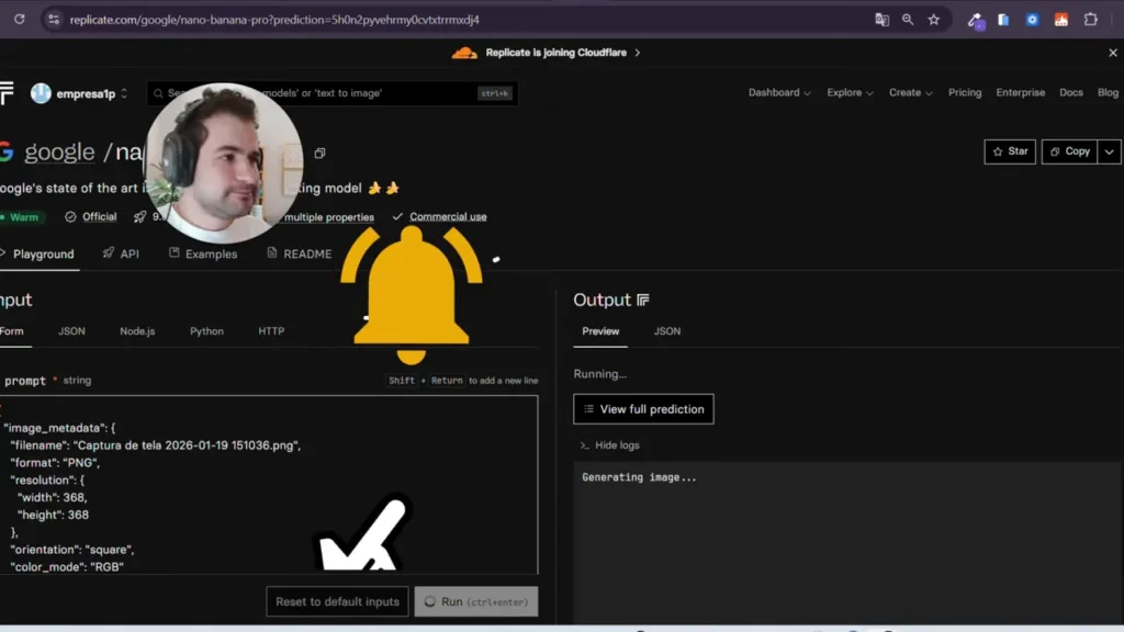 Interface do Replicate mostrando um bloco JSON com metadados da imagem e painel de saída.