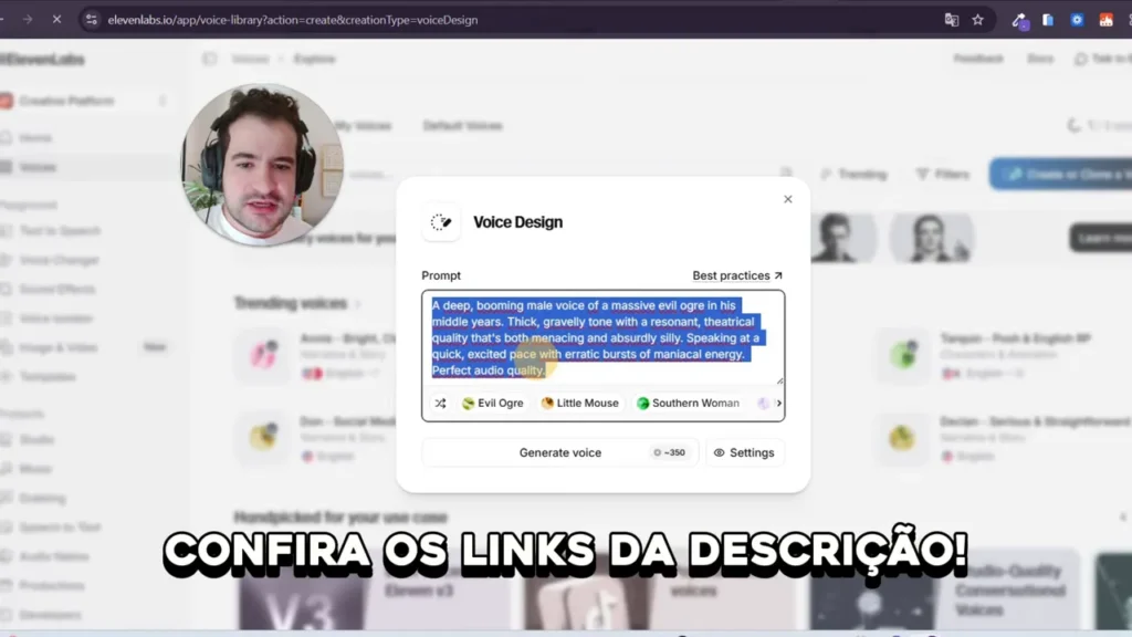 Interface Voice Design do Eleven Labs mostrando um prompt destacado e botões de geração de voz