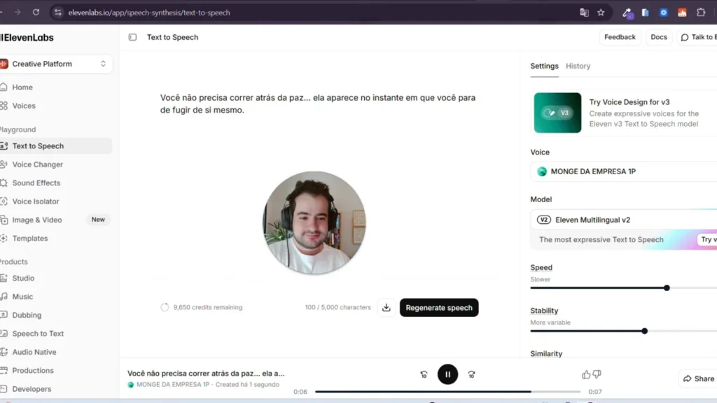 Interface do Eleven Labs Text-to-Speech mostrando seleção de voz, modelo e controles de velocidade e estabilidade.