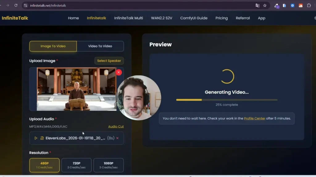 Interface do InfiniteTalk gerando vídeo com barra de progresso em 25% e imagem de referência carregada à esquerda