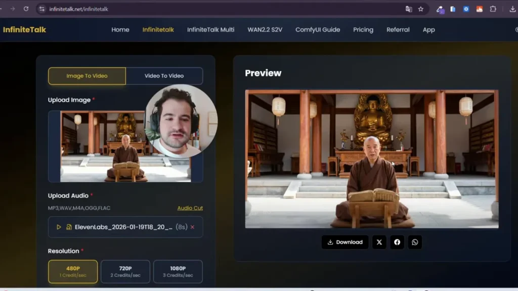 Interface do InfiniteTalk com preview de vídeo e botões de download