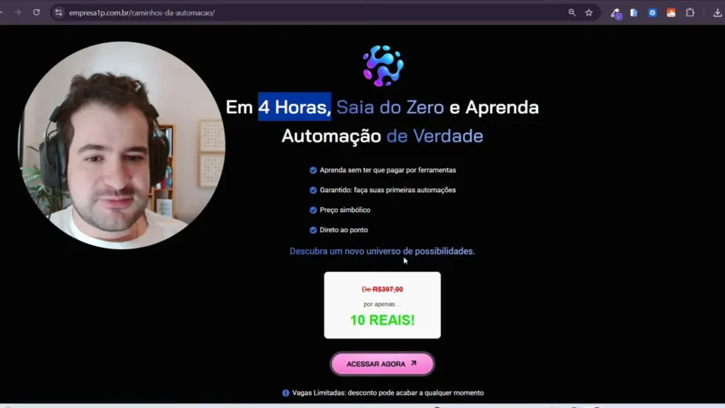 Captura de tela nítida de uma landing page escura com foto circular do apresentador à esquerda e texto promocional central; preço destacado '10 REAIS' visível na página.