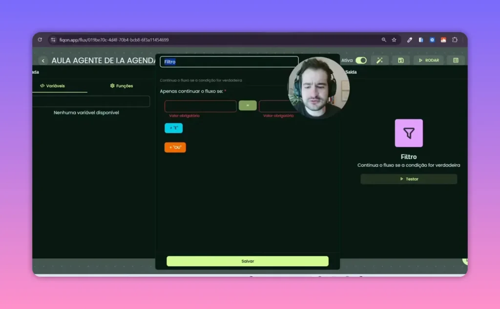 Configuração do filtro no FiqOn mostrando campos de condição e botões 'E' e 'OU'