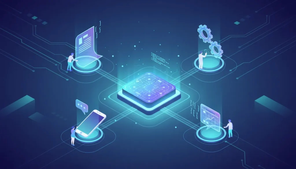 Ilustra&ccedil;&atilde;o moderna de automa&ccedil;&atilde;o de ChatGPT: n&uacute;cleo de IA conectado a fluxos para cria&ccedil;&atilde;o de conte&uacute;do, chatbots, planilhas e processos inteligentes