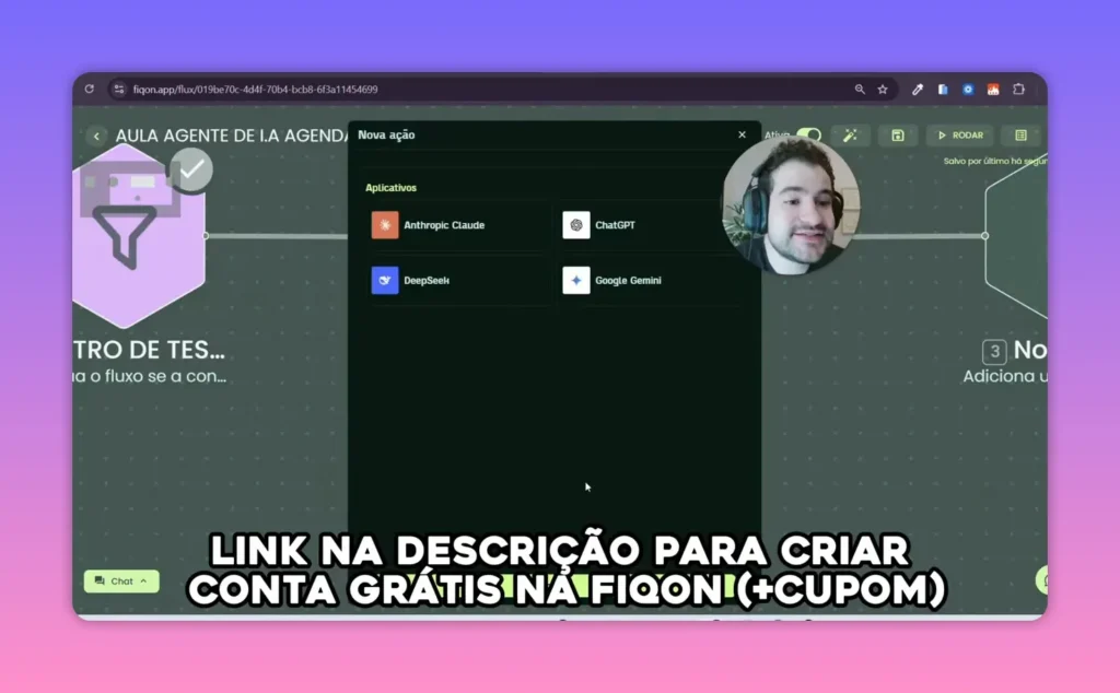 Janela 'Nova ação' com opções de provedores de IA no FiqOn (Anthropic, ChatGPT, DeepSeek, Google Gemini)