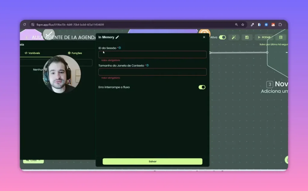 Formulário do módulo In Memory mostrando campos 'ID da Sessão' e 'Tamanho da Janela de Contexto'