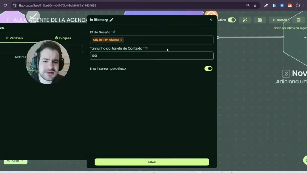 Painel 'In Memory' com o campo 'Tamanho da Janela de Contexto' definido para 100 na interface do FiqOn.