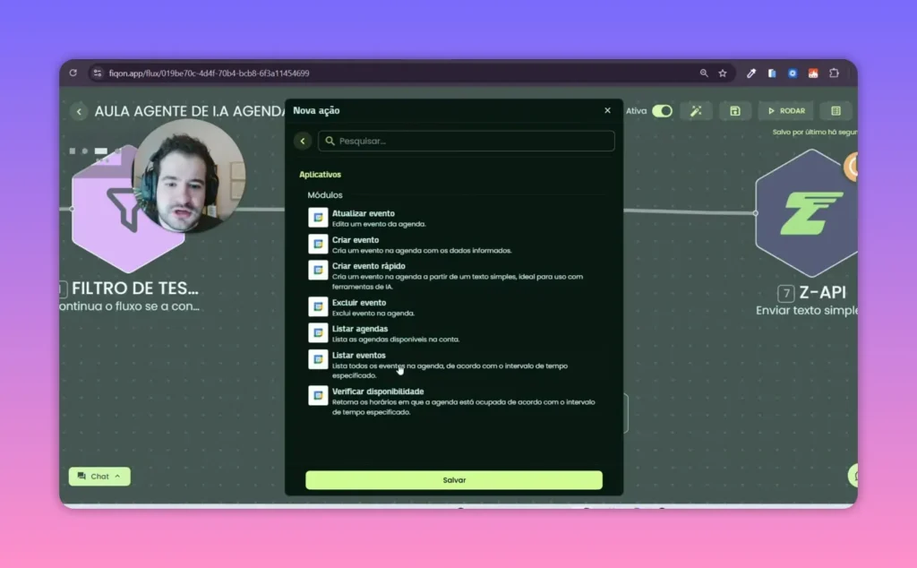 Janela de seleção de aplicativos mostrando os módulos do Google Calendar, incluindo 'Criar evento', 'Verificar disponibilidade' e 'Listar eventos'.
