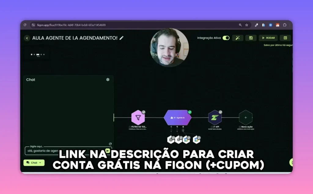 Tela do FiqOn mostrando área de chat com mensagem pronta e nó Z‑API no fluxo