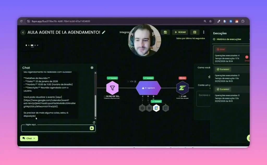 Chat da plataforma mostrando mensagem 'Seu agendamento foi realizado com sucesso' com detalhes e link do Google Calendar