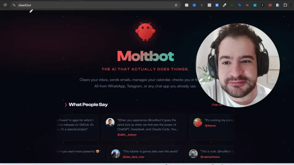 Captura de tela nítida da página inicial do Moltbot com o logo e a tagline 'The AI That Actually Does Things' em destaque; pequeno avatar circular sobreposto à direita sem anotações.