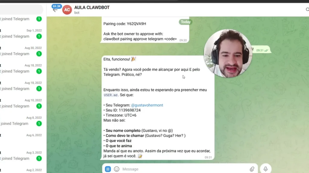 Tela do Telegram com mensagem de confirmação do Moltbot listando Telegram handle, ID e timezone