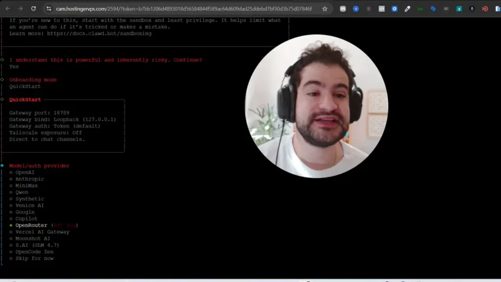 Wizard do Moltbot com QuickStart e gateway porta 18789 no terminal