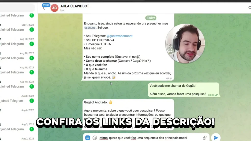 Tela do Telegram com conversa do Moltbot anotando preferências do usuário e pedindo o que pesquisar
