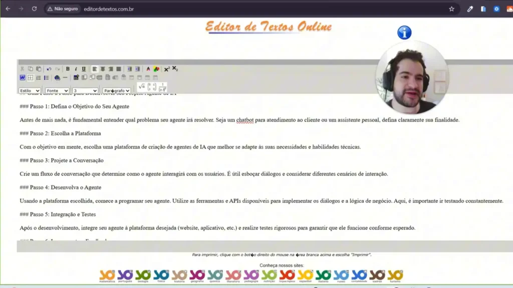 Editor de textos online mostrando um passo a passo (Passo 1, Passo 2, Passo 3) para criar um agente de IA