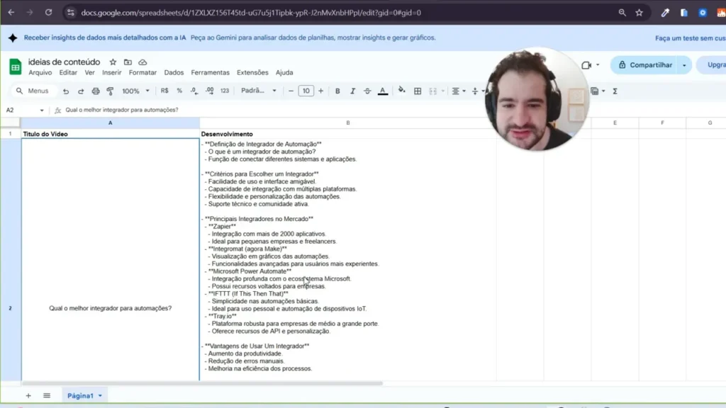 Google Sheets exibindo as colunas 'T&iacute;tulo do V&iacute;deo' e 'Desenvolvimento' com rascunhos gerados automaticamente.