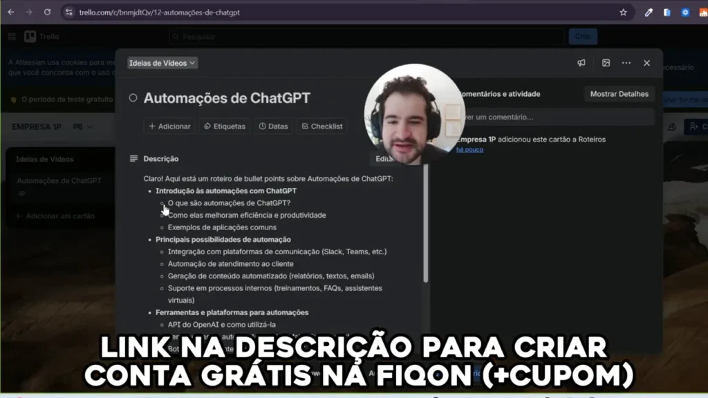 Card de Trello exibindo bullet points do roteiro sobre Automa&ccedil;&otilde;es de ChatGPT
