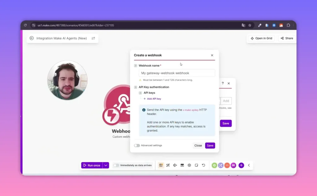 Di&aacute;logo 'Create a webhook' no Make com campo 'Webhook name' e se&ccedil;&atilde;o de API Key authentication.