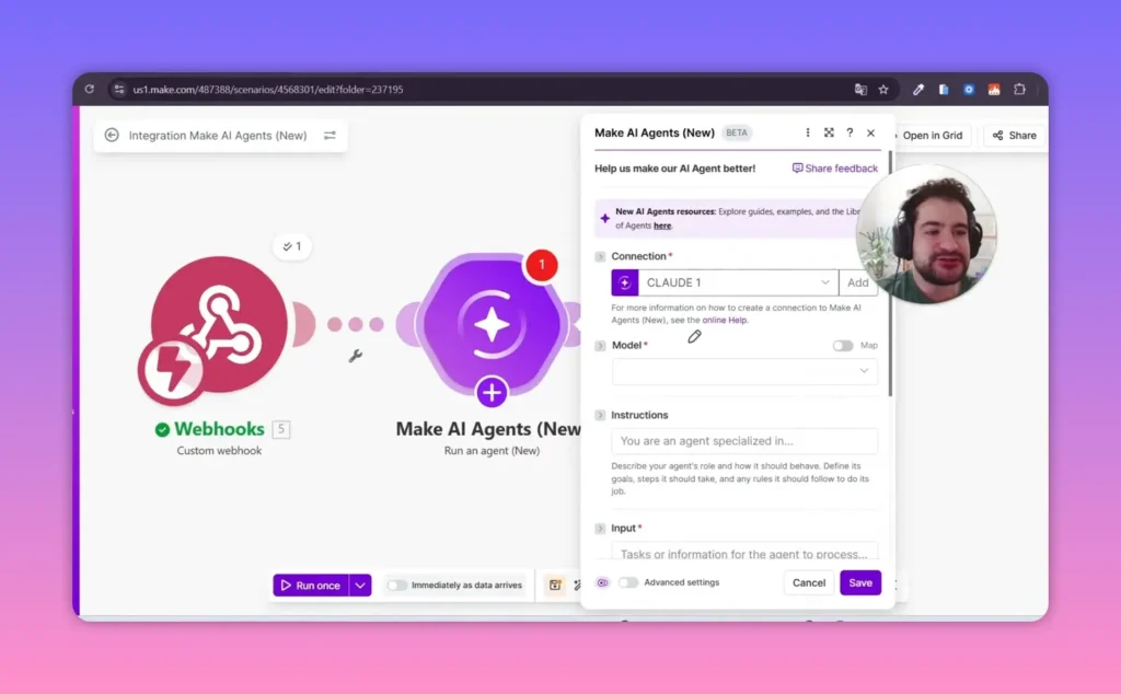Painel de configura&ccedil;&atilde;o do Make AI Agents mostrando claramente Connection, Model, Instructions e Input