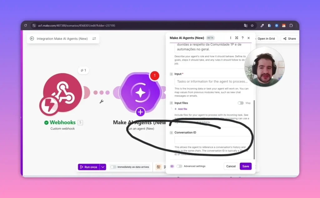 Painel do Make com c&iacute;rculo destacando o campo Conversation ID, enfatizando onde mapear o identificador da conversa.