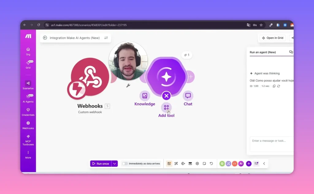 Canvas do Make com o n&oacute; do agente aberto mostrando a op&ccedil;&atilde;o Knowledge, Chat e Add tool claramente vis&iacute;veis