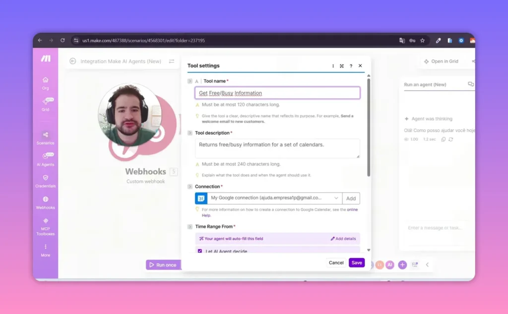 Janela de configura&ccedil;&otilde;es da tool 'Get Free/Busy Information' no Make, mostrando campos de nome, descri&ccedil;&atilde;o, conex&atilde;o e op&ccedil;&otilde;es de Time Range.